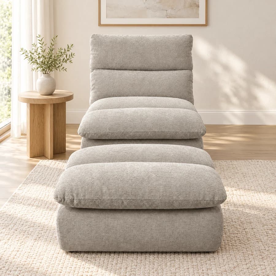 Sand Beige Lounge chair and ottoman in a sunlit living room