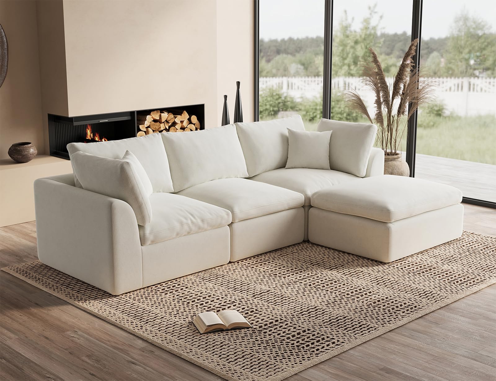 Modern living room with cream sectional sofa and fireplace
