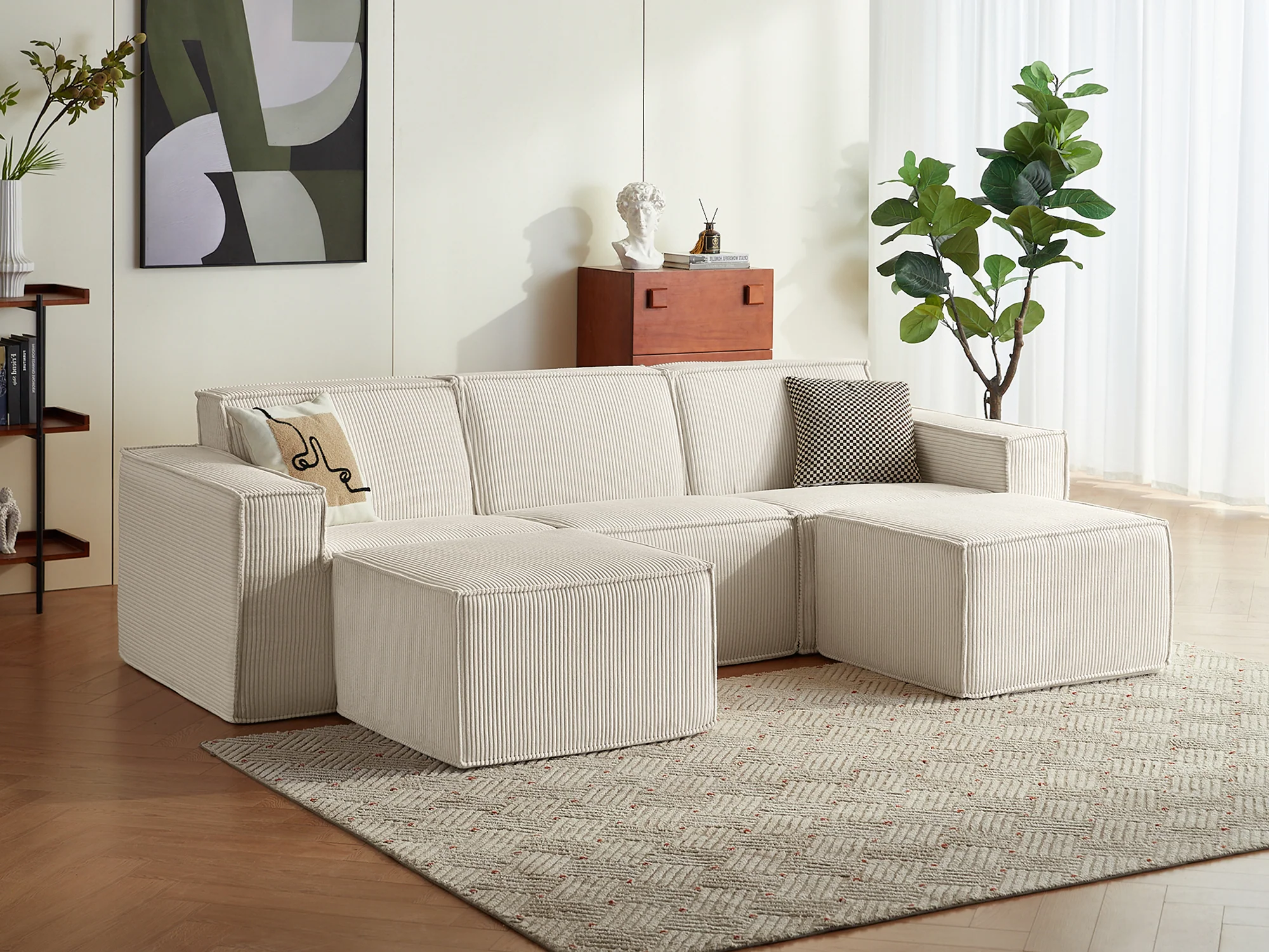 Modern living room with cream sectional sofa and fireplace