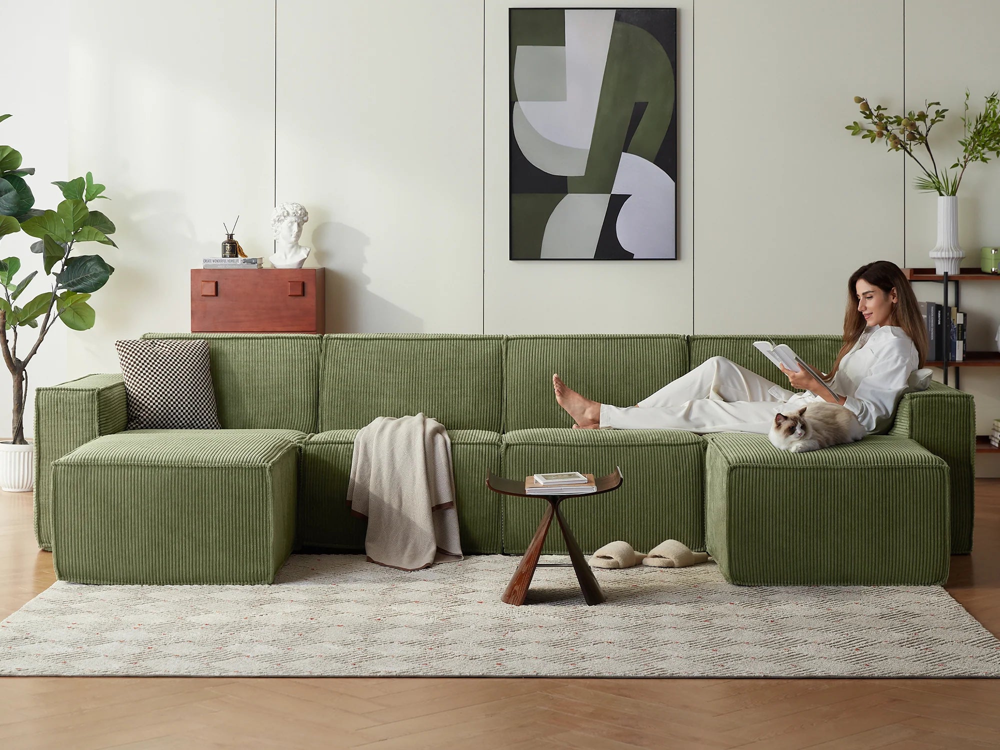 Modern living room with cream sectional sofa and fireplace